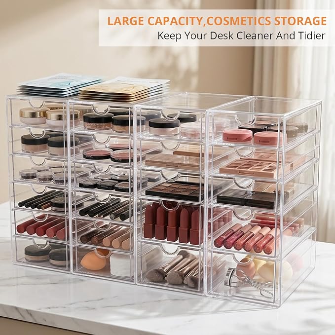 DOMNIU Acrylic Makeup Drawer Storage Organizer with 22 Drawers, 4 Set | Office Desk Organization and Storage, Dustproof Drawer Organizer for Makeup, Countertop, Jewelry, Desktop, Bathroom, Bedroom