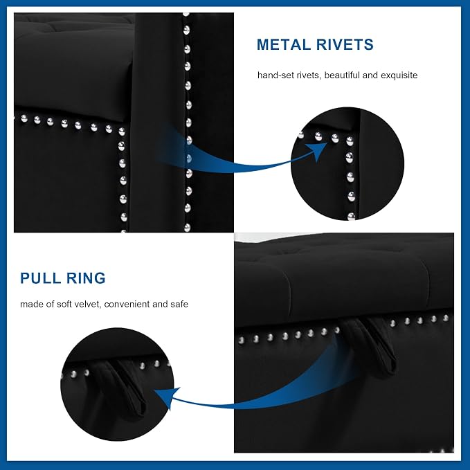 Storage Ottoman Bench, Velvet Upholstered Footstool for Bedroom and Living Room, Tufted Seat with Storage, Wooden Legs & Metal Rivets, Black