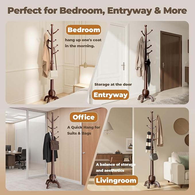Coat Rack Freestanding with 8 Hooks, Wooden Coat Tree, Black Red | Coat Hanger Stand Heavy Duty with Stable Base, Hall Tree for Entryway Hallway Bedroom Office, 240lbs Load Capacity H:71.7in