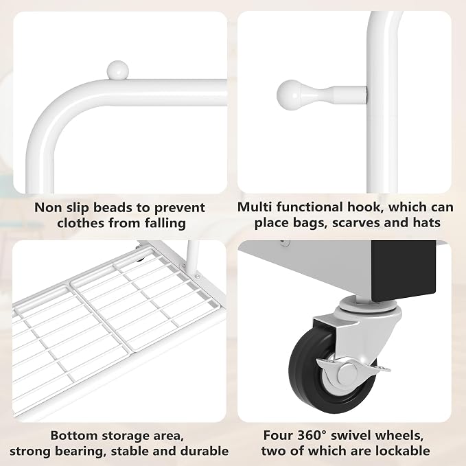 Sywhitta Metal Clothing Rack on Wheels with Mesh Shelf, for Clothes,White | Rolling Garment Rack for Hanging Clothes, Coats, Skirts, 39.76" L x 16" W x 63.78" H,Space-Saving Mobile Organizer for Closet