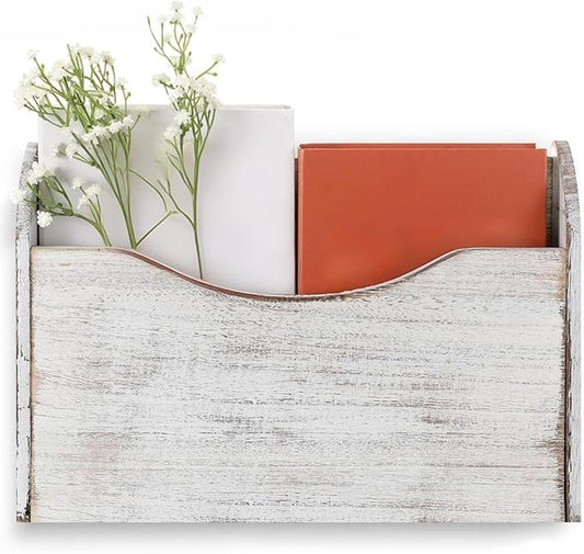 Suzile Wall Mounted File Holder Wood Magazine Holder Wall Hanging File Organizer for Office Mail Magazine Letter Paper Folder Organization (White)