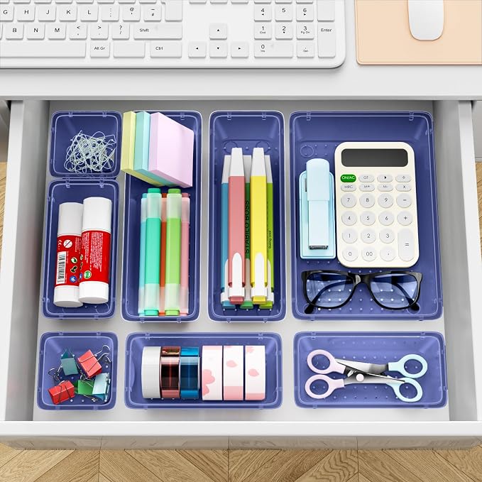 12 PCS Drawer Organizer Set, Makeup Organizer, Tool Storage Tray, Navy Blue | 4 Sizes, Plastic, Stackable, Multiple Gadgets, Desk Drawer Divider Organizers, for Makeup, Office Supplies Storage