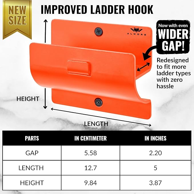 Ladder Hangers for Garage Wall Set of 2 - Orange Hooks for Shed & Garden | Heavy duty hooks, Step stool hanger, tool holder for the workshop, suitable for ladders, wheelbarrows and folding chairs