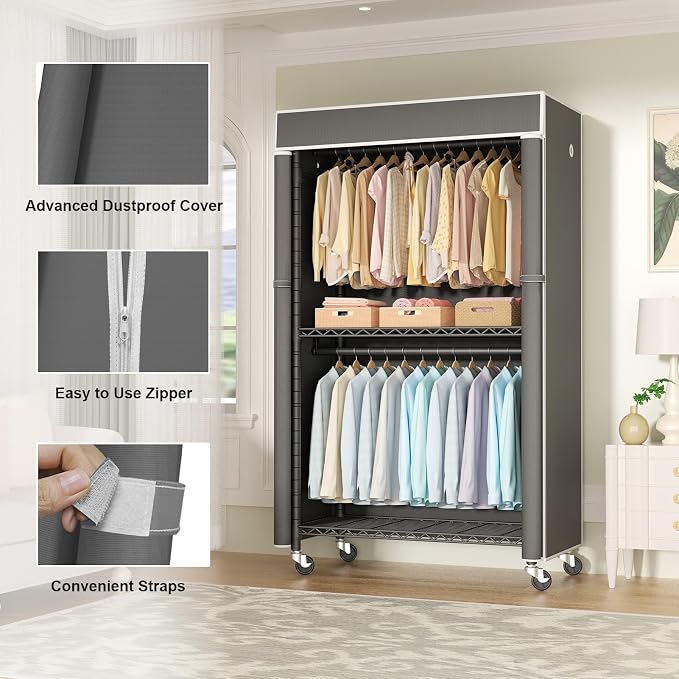 Black Clothing Rack with Dark Gray Cover, P1C Rolling Closets with Wheels, Metal Garment Rack for Hanging Clothes, Clothing Storage Wardrobe, 36.2" W x 16.5" D x 80.5" H, Load 450 Pounds