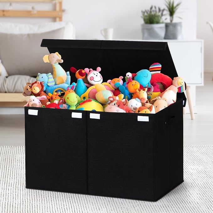 Large Toy Box Chest Storage with Flip-Top Lid, Kids Toy Storage Bin Boxes | Toy Chest with with Removable Divider for Kids, Boys, Girls, Nursery, Living Room, Bedroom, 26"x17" x17" (Linen Black)