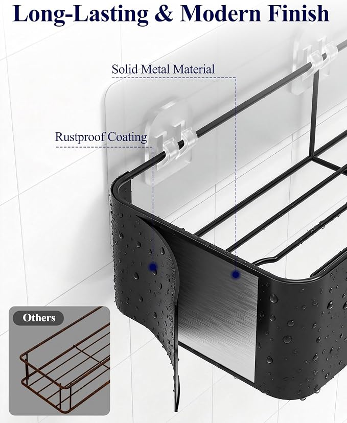 Kitsure Large Shower Caddy - Adhesive 6-Pack Bathroom Shelves, Black | No-Drilling Rustproof Shelves with Soap Holder, Toothbrush Holder, 6 Hooks, Stylish Bathroom Organizers and Storage Solution