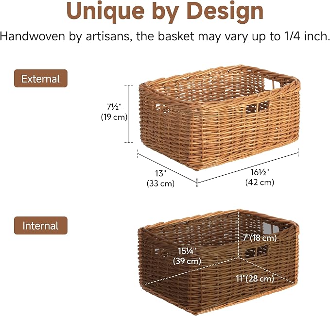 StorageWorks Pantry Baskets, Willow Storage Baskets for Organizing, Shelves, Pantry Organizers and Storage, Light Brown, 16 ½"L x 13" W x 7 ½"H