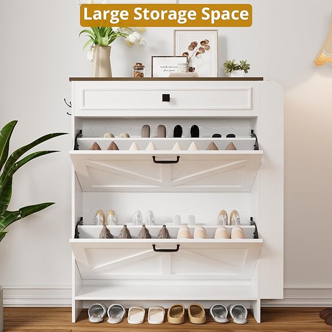 IRONCK Shoe Storage Cabinet with 2 Flip Drawers & Barn Door, White/Walnut | Freestanding Shoe Cabinet Organizer with Drawer and Shelves for Entryway, Farmhouse Shoe Rack Cabinet