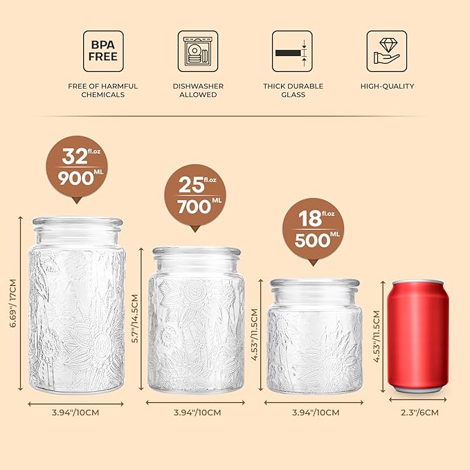 Adodeen Glass Storage Containers With Lids, Glass Jars With Lids, 32OZ | Airtight Glass Food Storage Containers, Kitchen Canisters For Sugar, Coffee, Tea, Spice, Flour, Candy, Pasta, Cereal