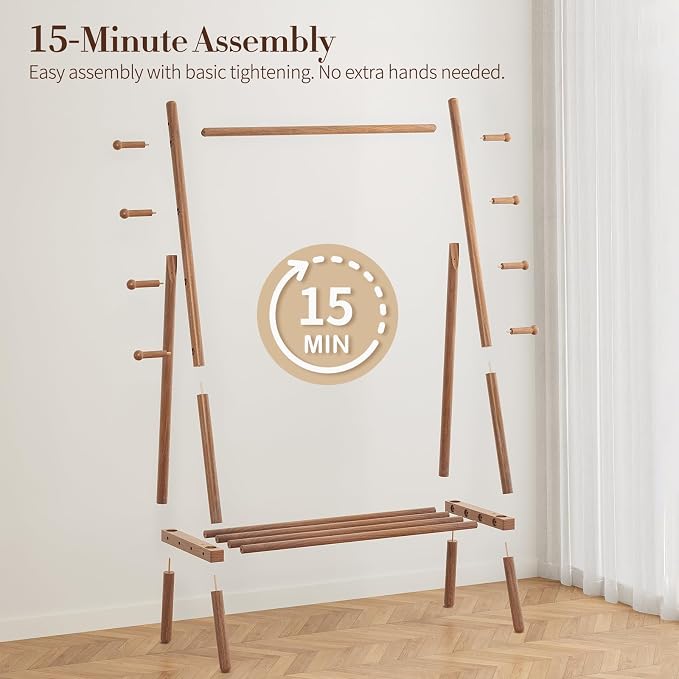 Yoobure Solid Wood Clothes Rack - Heavy Duty Clothing Racks for Hanging Clothes with 8 Hooks, Portable Garment Rack for Dress Shirt Shoe, Freestanding Wardrobe Coat Racks with Shelf for Closet Bedroom