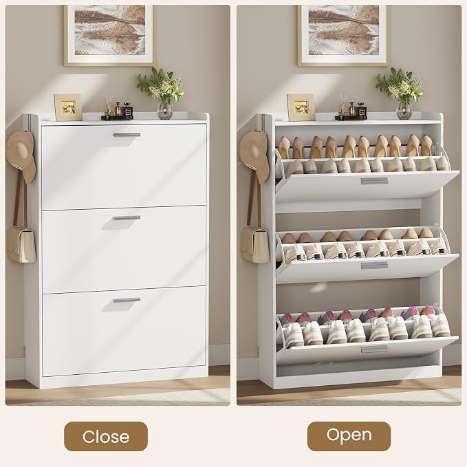 Shoe Cabinet Organizer with 3 Flip Drawers,Narrow Shoe Rack 31.5" W White | Freestanding shoe storage cabinet for entryway,foyer and hallway, space-saving flip drawers,Adjustable Shelves & 2 Hooks