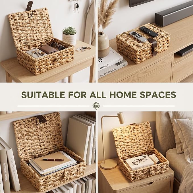 Decorative Boxes with Lid Water Hyacinth Woven Decor Wicker Storage Basket | Small Rectangular Woven Shelf, Cute Wicker Storage Baskets, Bins for Coffee Table, Organize Snack Home Decor