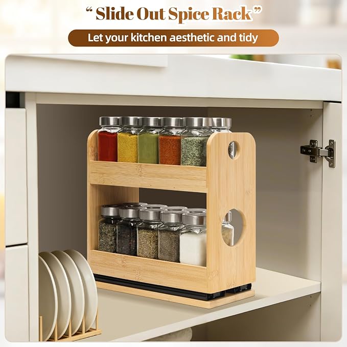 Tfro & Cile 2-Tier Pull Out Spice Rack Organizer for Cabinet Kitchen Pantry | Save Vertical Space, Bamboo Material with Aesthetic Design, Easy to Slide Out and Quick to Assemble
