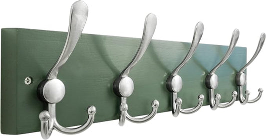 SKOLOO Creations Forest Green Solid Wood Wall Mounted Coat Rack, 5 Hooks, 16-7/8" Long - Kitchen, Mudroom, Entryway, Bathroom - Includes Mounting Hardware, Wall Coat Hanger, Towel Rack