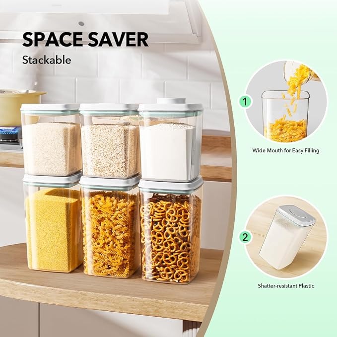 Food Storage Container with Lid, 2.8 Qt Airtight Pantry Canister, BPA-Free Plastic Flour Sugar Storage Container, One-Touch Press-to-Open Lid, Stackable Clear Jar for Rice, Cereal, Coffee, Brown Sugar