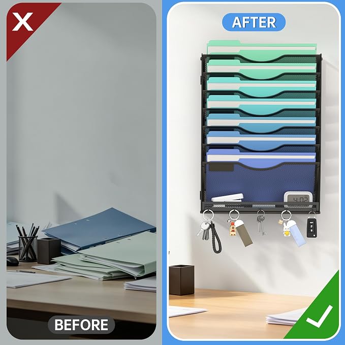 Gawerk Hanging Wall File Organizer with 5 Hooks - Wall Mounted Mail Paper Document Folder Holder, Sturdy Mesh Magazine Rack for Office Home (7+1 Tier)