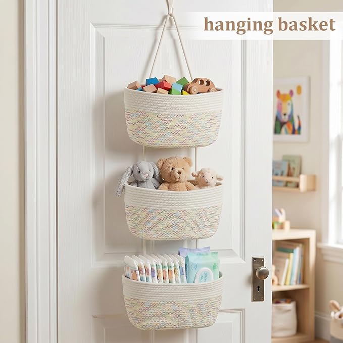 TeoKJ Over the Door Hanging Basket, 3-Tier Woven Cotton Wall-Mounted Storage Organizer Bag Decorative Hanging Nursery Baskets, White & Rainbow Stitching