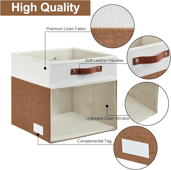 Storage Cubes, 4 Pack Linen Foldable Storage Bins with Clear Window and 2 Handles, 13x15x13 Storage Cube Bins for Shelf Closet, Kallax, Clothes, Books - (Brown / Off-White)