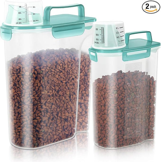 LEAWALK 2Pack Cat Dog Food Storage Container with Upgraded Large Nozzle BPA-free, 3+5lbs Plastic Pet Food Containers with 4 Sealed Clasps/1 Measuring Cup/ Handle Easy to Clean and Carry (Clear Blue)