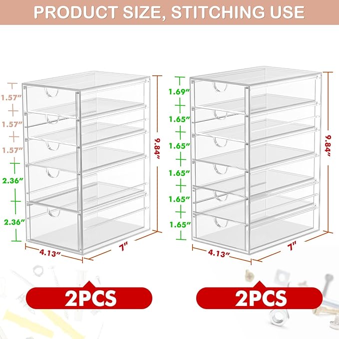 caktraie 4-Pack 22-Drawer Acrylic Storage & Makeup Organizer for Desk | Smooth-glide drawers, clear acrylic, stackable, dustproof, wipe clean, for office supplies, pens, paper clips, thumb drives