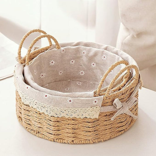 GIB Small Wicker Storage Baskets for Organizing, Round Woven Baskets with Handles & Liners, Decorative Boho Paper Rope Cute Baskets for Gifts, Decor, Pantry Table, Serving Trays, Set of 2