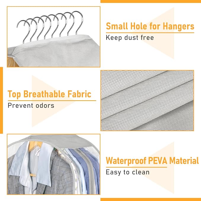 MISSLO 10" Gusseted Garment Bags for Hanging Clothes 40"+50" Clear Suit Bags for Closet Storage Dress Bag for Gowns Long Coat Protector, 3 Packs, Grey