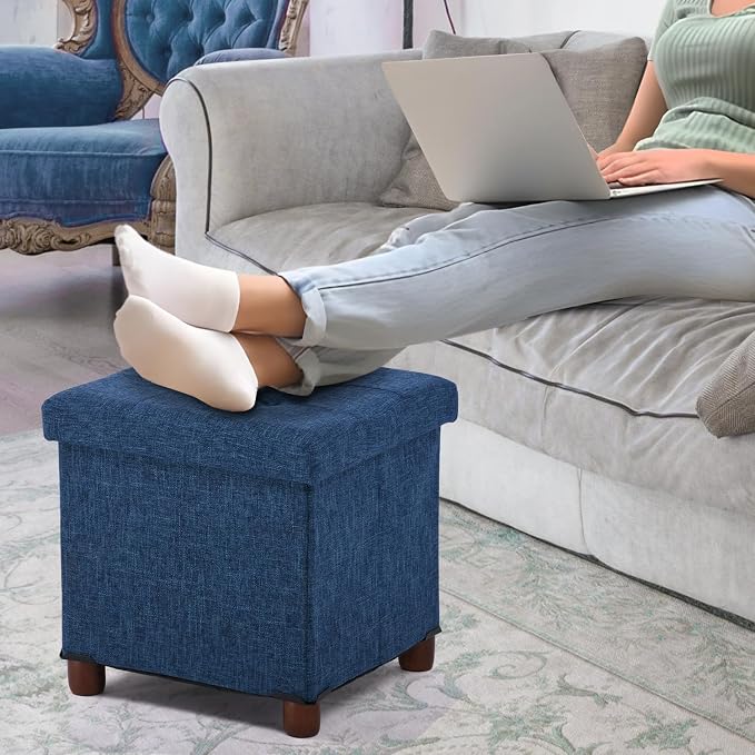 15 Inch Storage Ottoman with Wooden Legs - Cube Foot Rest Stool, Square Footstool, Comfortable Seat with Lid, Foldable Fabric Ottoman, Space-Saving Navy