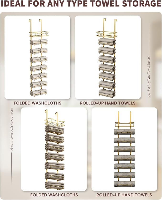 Aetyord Hanging Towel Racks for Bathroom Storage | 8-Tier Over The Door Bath Towel Storage Organizer with Metal Shelf Basket for Small Bathrooms RV Camper Gold