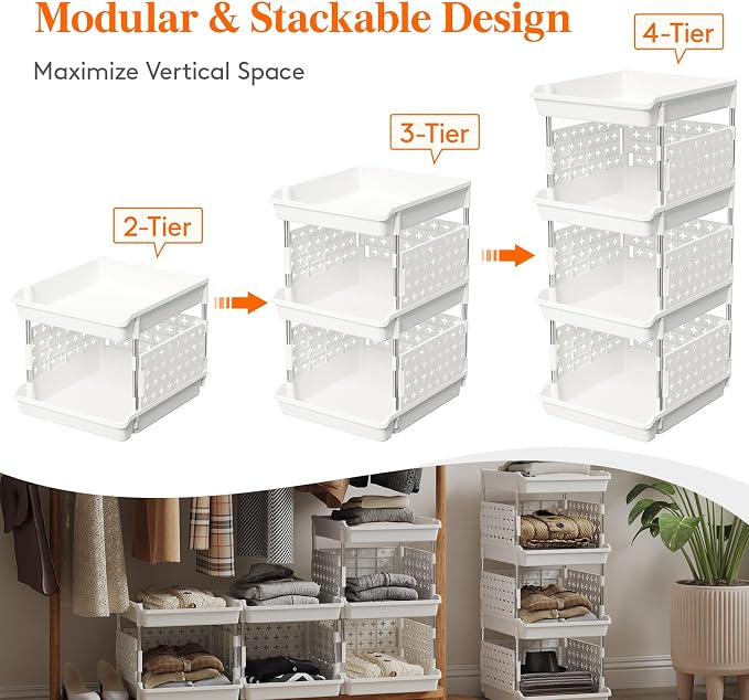 Lifewit Plastic Stackable Storage Baskets, 4 Tier Stacking Bins for Food and Clothes, Multifunctional Organizer for RV, Kitchen, Playroom, Pantry and Bathroom, 13.8"D x 11.8"W x 28.3"H, 1 Pack, White | Stacking Bins for Food, Multifunctional Organizer ...