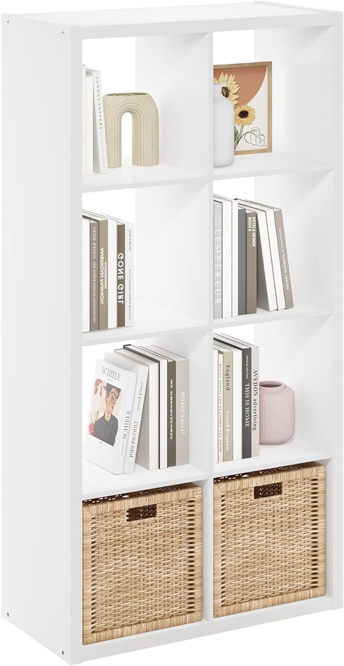 8-Cube Cubicle Bookshelf, Cube Bookcase with Open Back, Reversible Book Shelf, Cube Storage Organizer, 15 x 30 x 58, for Living Room, Home Office, White