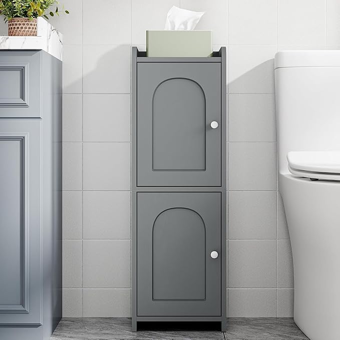 Hzuaneri Bathroom Storage Cabinet, Small Corner Floor Cabinet with 2 Doors | Narrow Toilet Paper Cabinets with Adjustable Shelf, Bathroom Organizer for Small Spaces, 7.9" D x 9.8" W x 29.5" H Gray