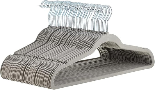 Amazon Basics Slim Velvet Non-Slip Space Saving Suit Clothes Hangers, Closet Organizer, Gray/Silver, 50-Pack