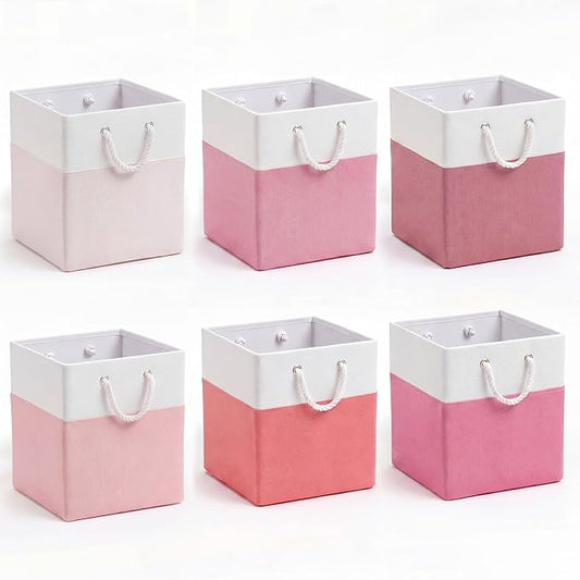 Geiserailie 6 Pcs 13 x 13 Inch Cube Storage Bins Fabric Storage Organizer Bins Foldable Cube Baskets with Sturdy Carry Handles Wicker Baskets for Home(Pink, Color Block)