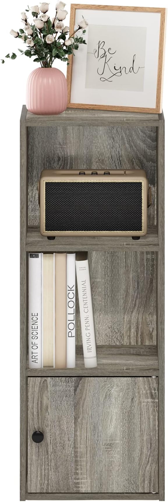 Furinno LUDER Book Shelf, 3-Tier Modern Bookshelf, Bookcase with 1 Door Storage Cabinet, 9.3 x 12 x 31.5, for Organization and Storage, for Living Room, Bedroom, Home Office, French Oak