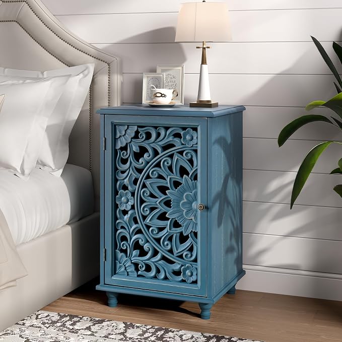JOINICE Accent Cabinet with Hand-Carved Door for Living Room/Bedroom | Hand-Carved Floral Design, Farmhouse/Rustic Style, Space-Saving, Sofa Table, Solid Wood Legs, Adjustable Shelf, Easy Assembly
