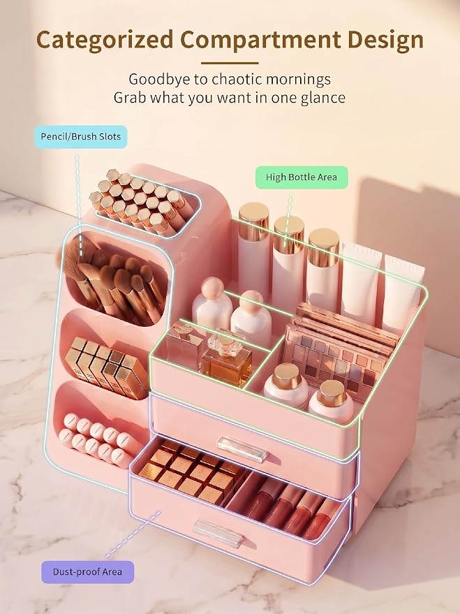 Booklov Large Makeup Organizer for Vanity Countertop, Pink | Plastic Cosmetic Display Case with Drawers, Beauty Brush Holder for Bathroom Counter, Skin Care Perfumes Storage