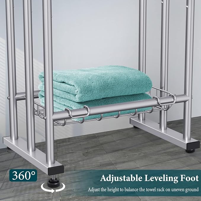 Kayfia 40'' Freestanding 3 Tier Alloy Steel Towel Rack with Storage Basket | Dual-Use Drying & Display Rack, Holds Oversized Bath Towels & Blankets, Fits Bathroom, Tub, Shower, Poolside, Silver