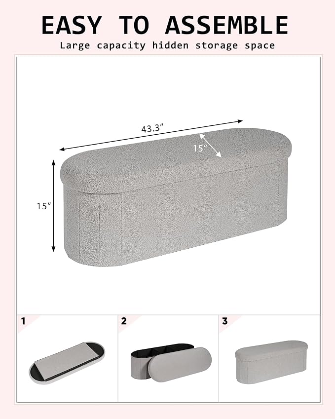 43.3 Inches Foldable Storage Ottoman Bench, Oval Footrest | Teddy Boucle Fabric, Hidden Storage, Soft Padded Seat, End Of Bed Bench For Bedroom, Living Room and Entryway, Grey