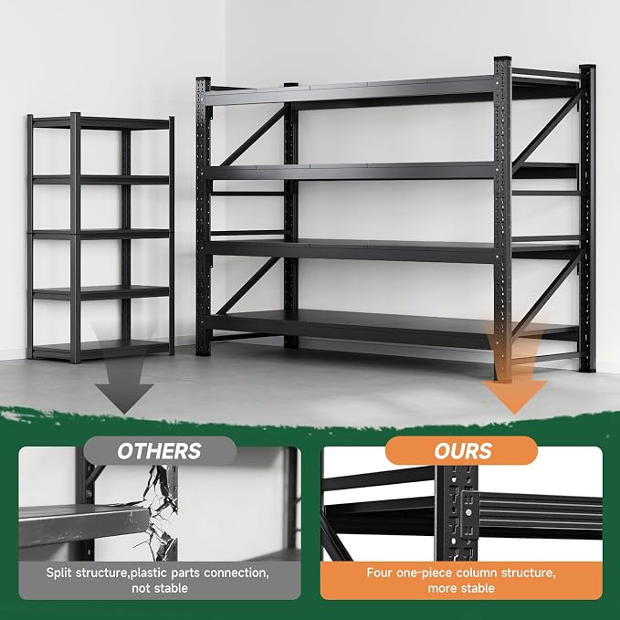 Letaya 68" W Storage Shelves Heavy Duty, 7000LBS Garage Shelving Units, 4 Tier Adjustable Utility Rack Shelf,Large Metal Industrial Shelves,for Shop,Warehouse,Basement,Black (68" W x 24" D x 64" H)