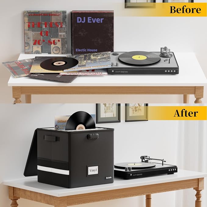 DocSafe Vinyl Record Storage Box with Lock, Fireproof Heat Insulated 5200°F Record Organizer Storage for 100+ Single Records(12-inch), Collapsible Storage Crate with Handles Safe for Home Travel