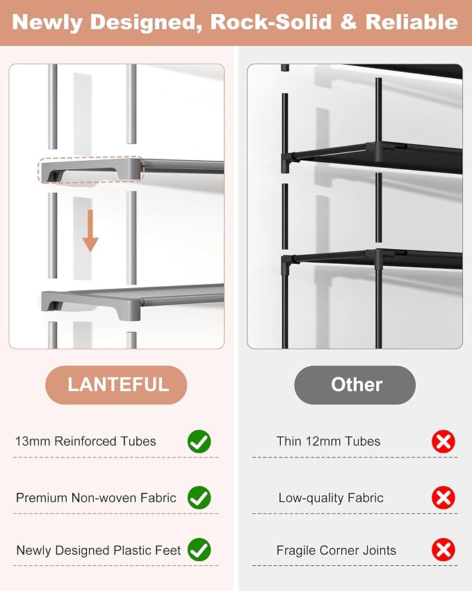 LANTEFUL Upgraded Shoe Rack for Closet Large Capacity 10 Tier Shoe Storage Holds 40–50 Pairs Sturdy Shoe Organizer with 10 Hooks for Entryway, Bedroom, Garage, Grey
