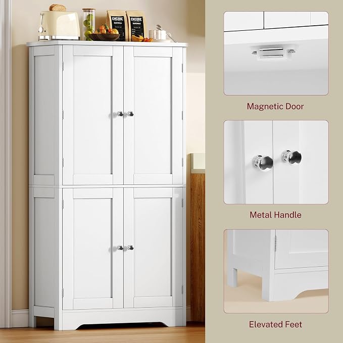 51" H Pantry Cabinet with 4 Doors, Kitchen Cabinet with 6 Door Shelves, Storage Cabinet for Living Room, Dining Room, Bathroom, White
