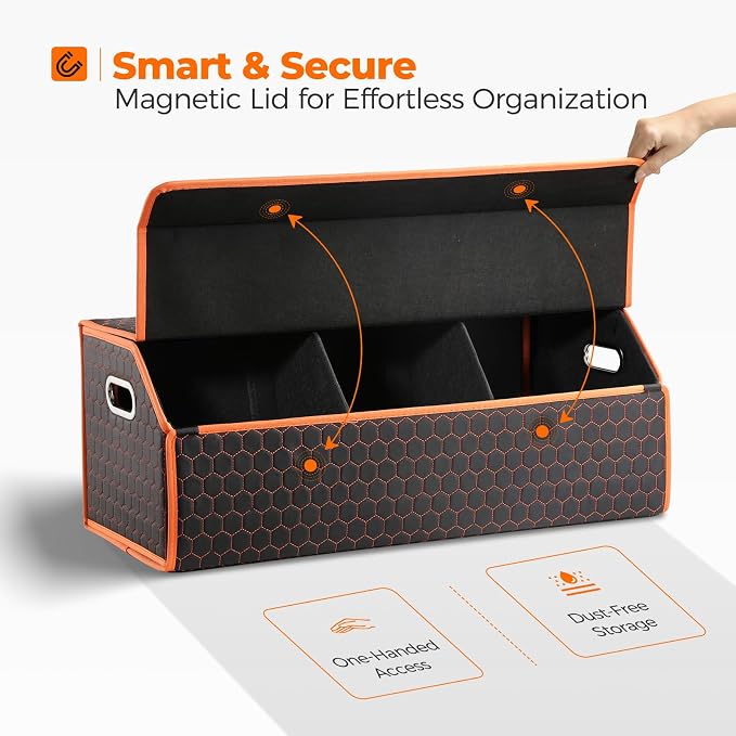 Fyzeoty Car Trunk Organizer for SUV and Sedan, Orange-Honeycomb, 29.5 in | Honeycomb Textured Exterior, Extra‑Large, Premium Leather, Magnetic Lid, Collapsible & Adjustable, Water‑Resist & Dust‑Proof
