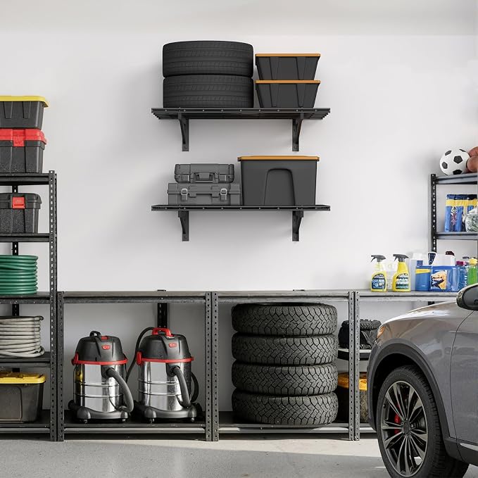 Jusgym 2 Pack Wall Mounted Garage Shelving, 2x3ft, 700lbs Integrated Grid | Wall Mounted Floating Design, 24"x72" Storage Rack, No Splice Seamless Structure, Rustproof Black Coating for Garage Workshop