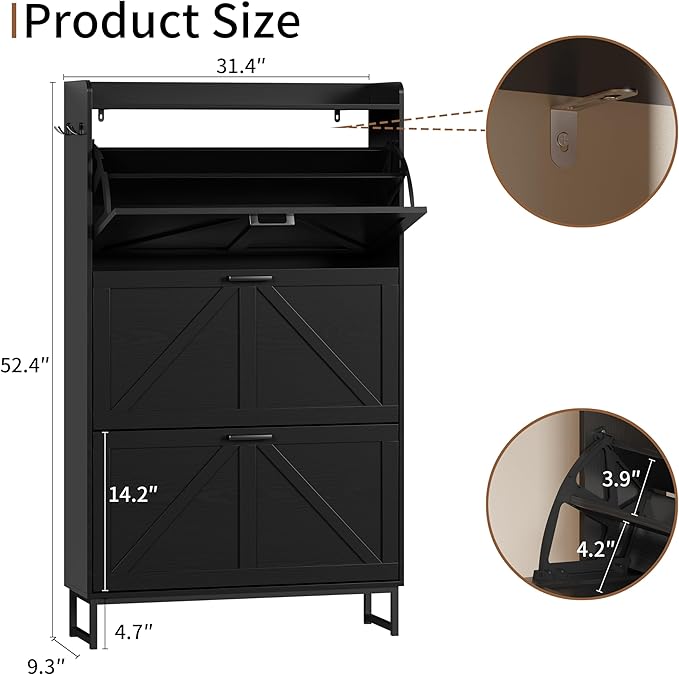 Shoe Cabinet with 3 Flip Drawers, Freestanding Hidden Shoe Storage Organizer for Entryway, Narrow Slim Shoe Rack Cabinet with Open Storage & Hooks for Front Door Entrance, Living Room, Hallway, Black