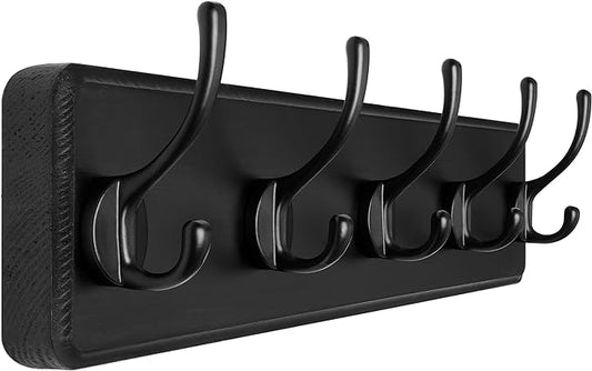SKOLOO Rustic Wall Mounted Coat Rack, Pine Solid Wood Coat Hook Hanger - 5 Hooks for Hanging Clothes Robes Towels Coats