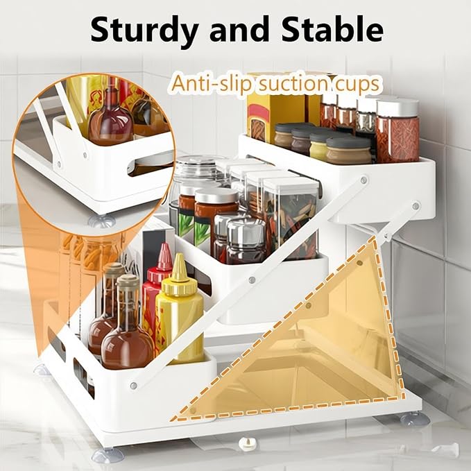 Ceetug 3 Tier Foldable Spice Rack, White | Iron, For Countertop, Kitchen Seasoning Organizer, For Cabinet