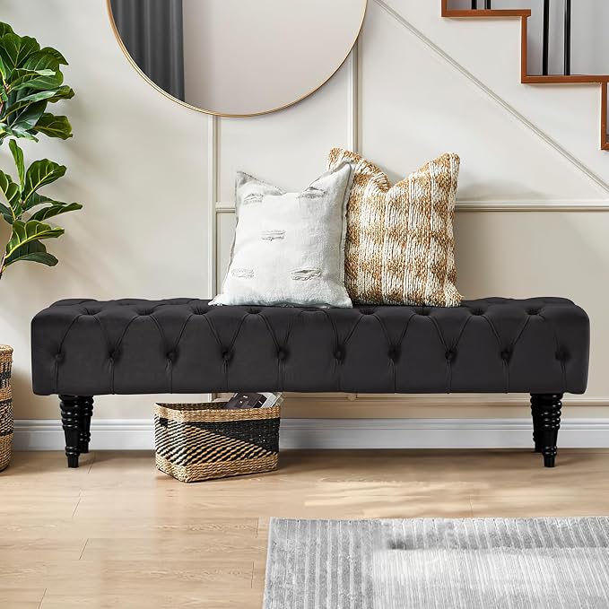 Upholstered Tufted Accent Bench, Linen Fabric Entryway Bench with Solid Wood Leg, Large Rectangular Foyer Bench for Front Door, Black