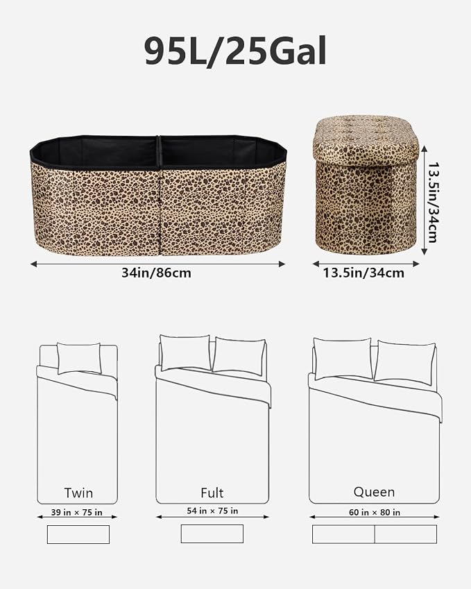 AmasSmile Oval Ottoman Storage Bench, 34" Leather Folding Stool, Leopard | Large Ottoman with Storage, Thicker Foam Padded Seat, Livingroom, Dorm, Bedroom, Entryway, Easy to install, 34 x 13 x 13in