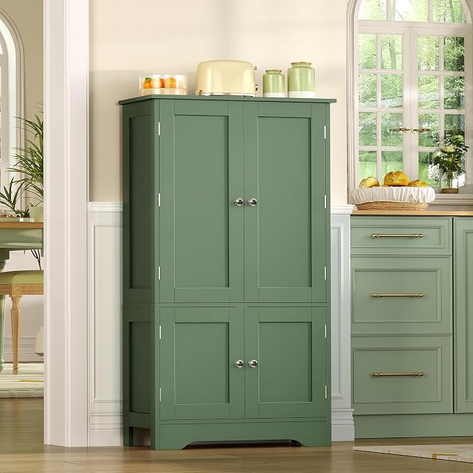 43" H Storage Cabinet with 4 Doors, Kitchen Cabinet with 6 Door Shelves, Kitchen Pantry Cabinets for Living Room, Dining Room, Bathroom, Forest Green